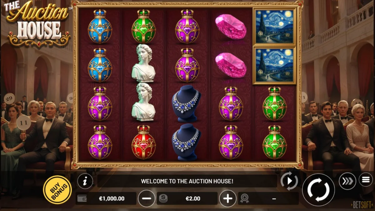 Interface luxuosa do slot The Auction House com símbolos de joias e leilão